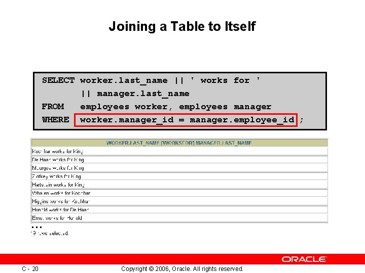 Joining a Table to Itself SELECT worker. last_name || ' works for ' ||