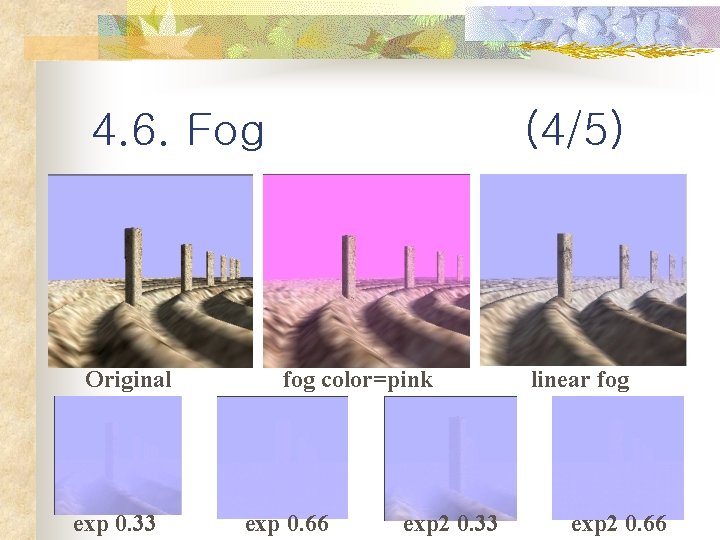 4. 6. Fog Original exp 0. 33 (4/5) fog color=pink exp 0. 66 exp