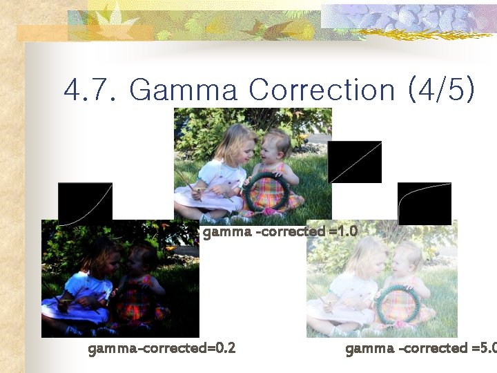 4. 7. Gamma Correction (4/5) gamma -corrected =1. 0 gamma-corrected=0. 2 gamma -corrected =5.