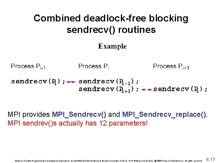 Combined deadlock-free blocking sendrecv() routines MPI provides MPI_Sendrecv() and MPI_Sendrecv_replace(). MPI sendrev()s actually has