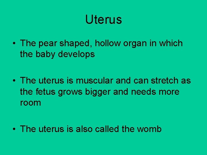 Uterus • The pear shaped, hollow organ in which the baby develops • The Uterus • The pear shaped, hollow organ in which the baby develops • The