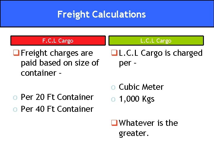 Freight Calculations F. C. L Cargo q Freight charges are paid based on size