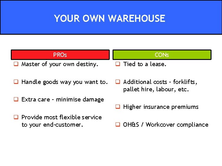 YOUR OWN WAREHOUSE PROs CONs q Master of your own destiny. q Tied to