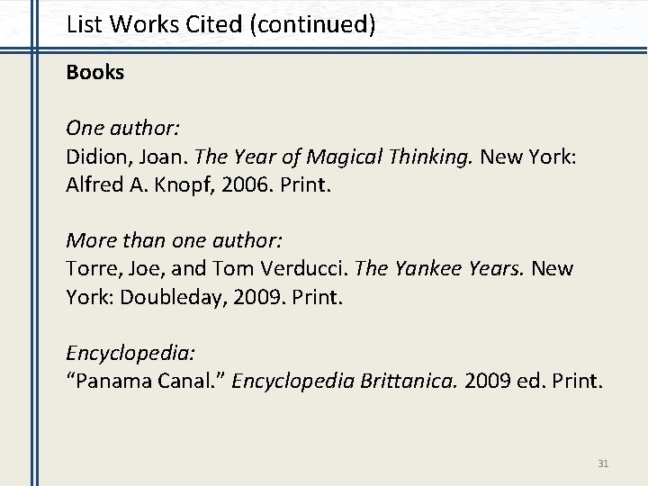 List Works Cited (continued) Books One author: Didion, Joan. The Year of Magical Thinking.