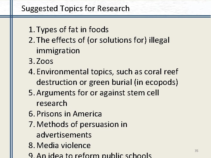 Suggested Topics for Research 1. Types of fat in foods 2. The effects of