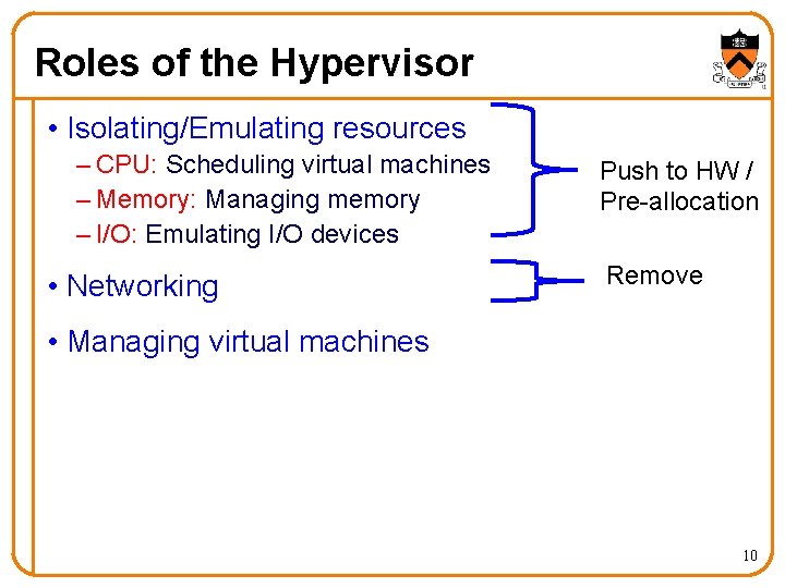 Roles of the Hypervisor • Isolating/Emulating resources – CPU: Scheduling virtual machines – Memory: