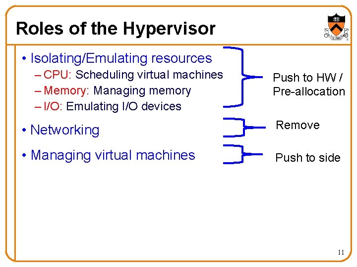 Roles of the Hypervisor • Isolating/Emulating resources – CPU: Scheduling virtual machines – Memory: