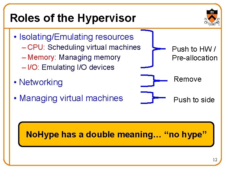 Roles of the Hypervisor • Isolating/Emulating resources – CPU: Scheduling virtual machines – Memory: