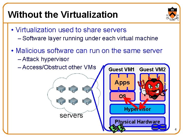 Without the Virtualization • Virtualization used to share servers – Software layer running under