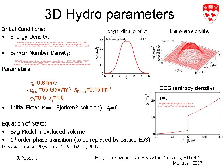 3 D Hydro parameters Initial Conditions: • Energy Density: • transverse profile: longitudinal profile: