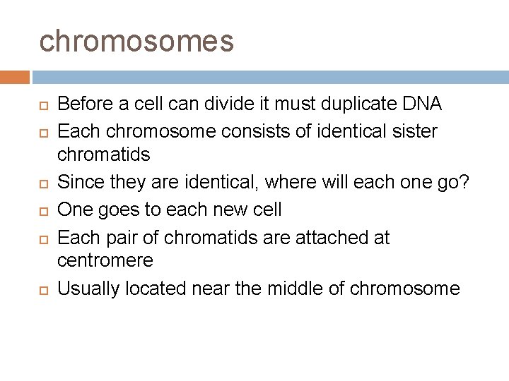 chromosomes Before a cell can divide it must duplicate DNA Each chromosome consists of