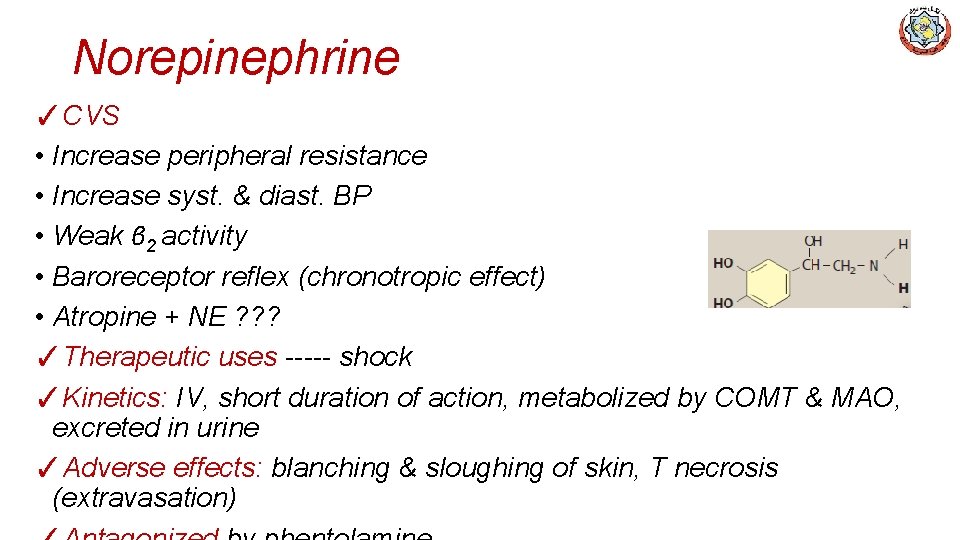 Norepinephrine ✓CVS • Increase peripheral resistance • Increase syst. & diast. BP • Weak