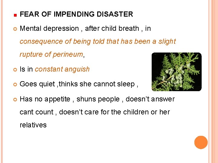 FEAR OF IMPENDING DISASTER Mental depression , after child breath , in consequence of