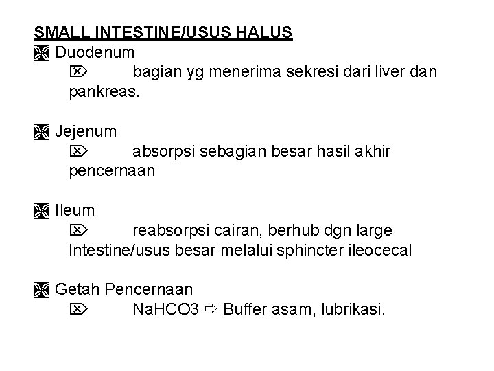 SMALL INTESTINE/USUS HALUS Duodenum bagian yg menerima sekresi dari liver dan pankreas. Jejenum absorpsi