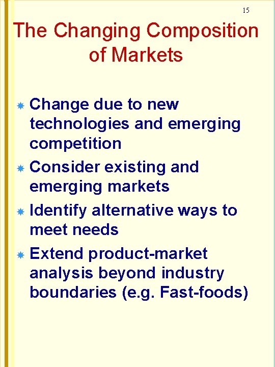 15 The Changing Composition of Markets Change due to new technologies and emerging competition