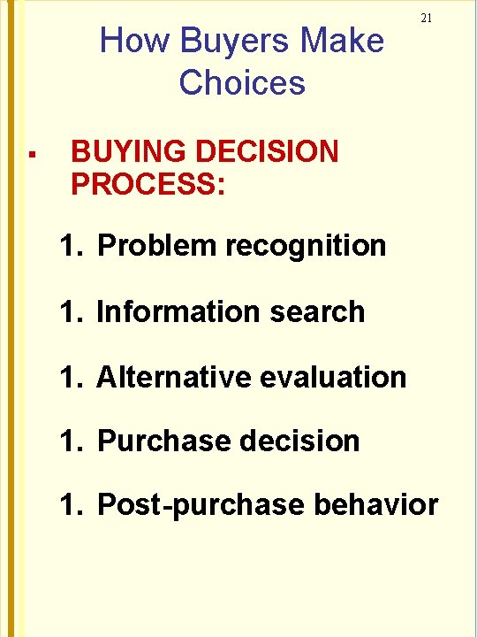 How Buyers Make Choices 21 BUYING DECISION PROCESS: 1. Problem recognition 1. Information search