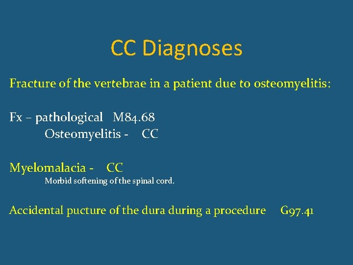 CC Diagnoses Fracture of the vertebrae in a patient due to osteomyelitis: Fx –