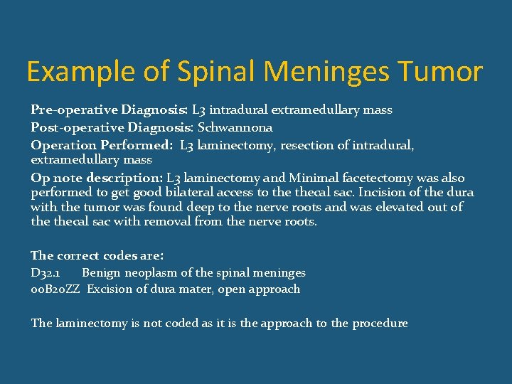 Example of Spinal Meninges Tumor Pre-operative Diagnosis: L 3 intradural extramedullary mass Post-operative Diagnosis: