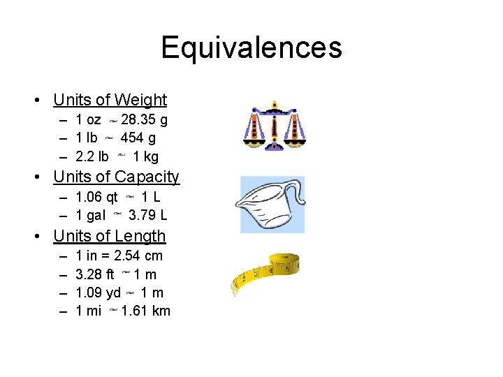 Equivalences • Units of Weight – 1 oz 28. 35 g – 1 lb