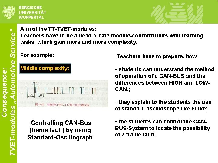 Consequence: TVET-modules „Automotive Service“ Aim of the TT-TVET-modules: Teachers have to be able to Consequence: TVET-modules „Automotive Service“ Aim of the TT-TVET-modules: Teachers have to be able to