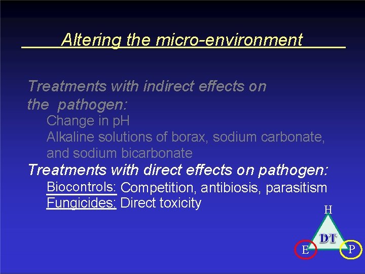 Altering the micro-environment Treatments with indirect effects on the pathogen: Change in p. H