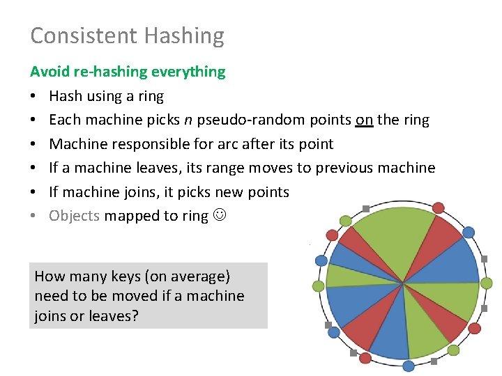 Consistent Hashing Avoid re-hashing everything • Hash using a ring • Each machine picks