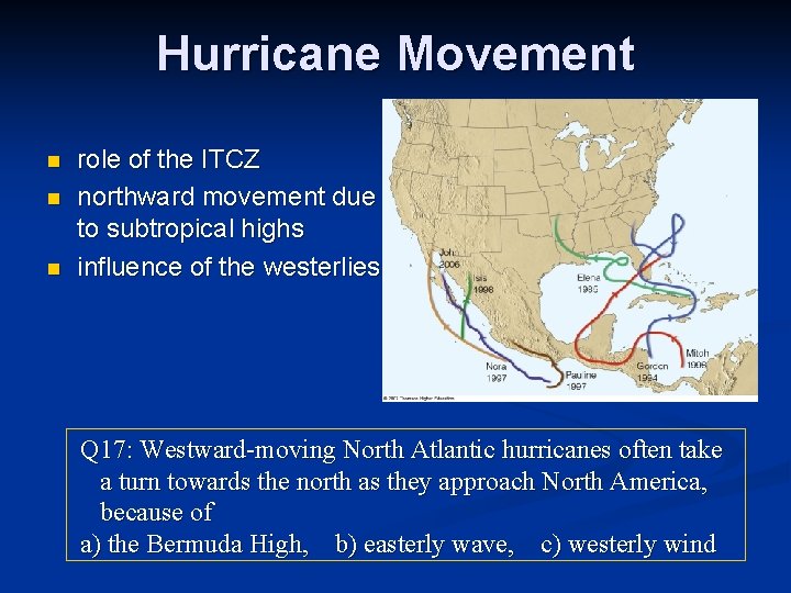 Hurricane Movement n n n role of the ITCZ northward movement due to subtropical