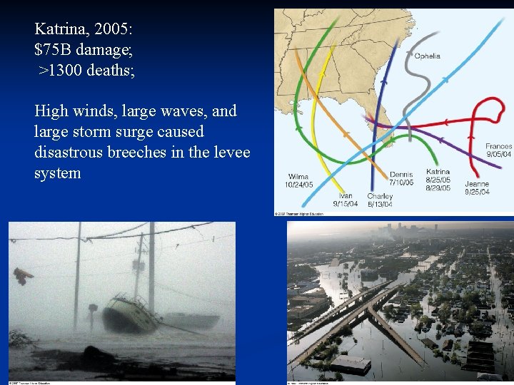 Katrina, 2005: $75 B damage; >1300 deaths; High winds, large waves, and large storm