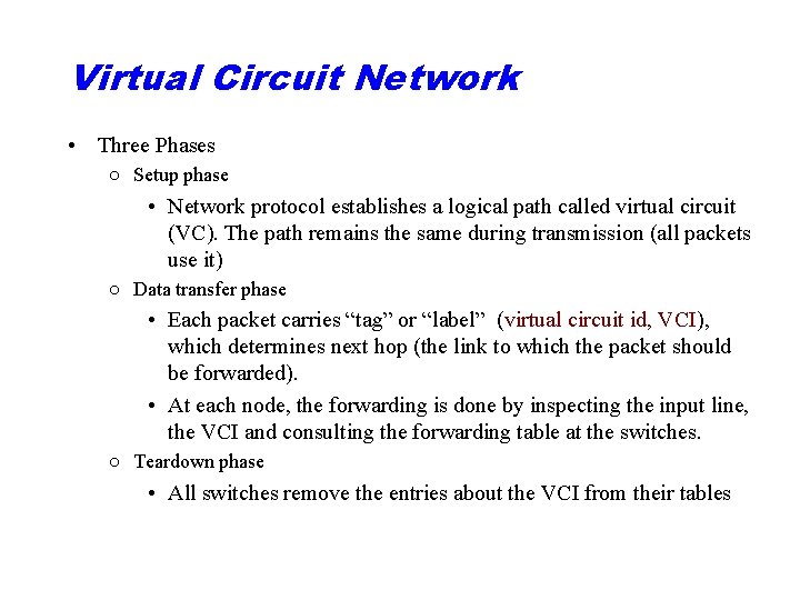Virtual Circuit Network • Three Phases ○ Setup phase • Network protocol establishes a