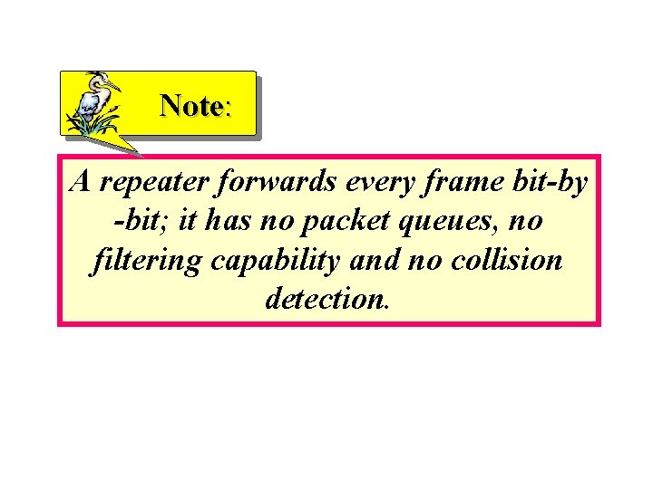 Note: A repeater forwards every frame bit-by -bit; it has no packet queues, no