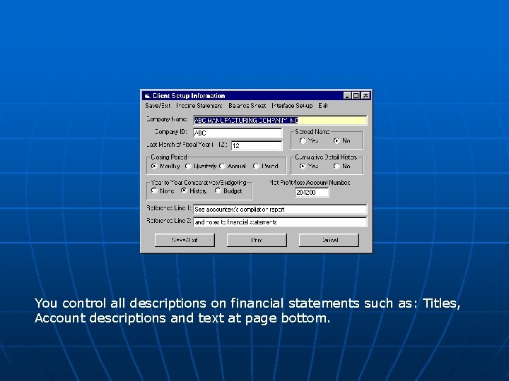 You control all descriptions on financial statements such as: Titles, Account descriptions and text