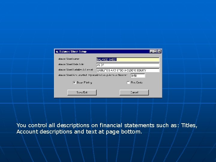 You control all descriptions on financial statements such as: Titles, Account descriptions and text