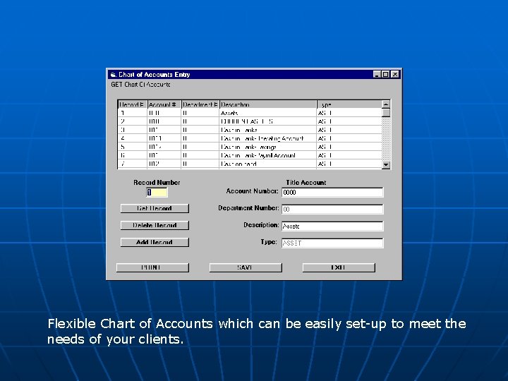Flexible Chart of Accounts which can be easily set-up to meet the needs of