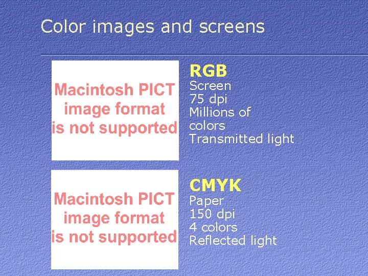 Color images and screens RGB Screen 75 dpi Millions of colors Transmitted light CMYK