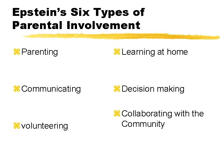 Epstein’s Six Types of Parental Involvement z Parenting z Learning at home z Communicating