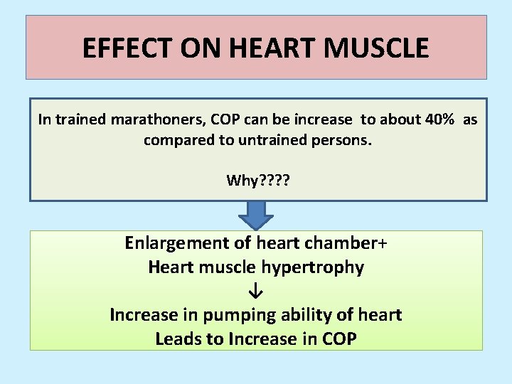 EFFECT ON HEART MUSCLE In trained marathoners, COP can be increase to about 40%