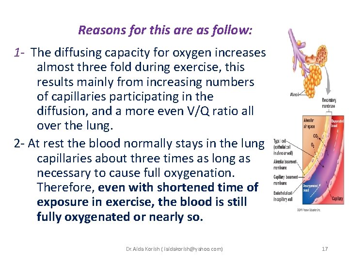 Reasons for this are as follow: 1 - The diffusing capacity for oxygen increases Reasons for this are as follow: 1 - The diffusing capacity for oxygen increases