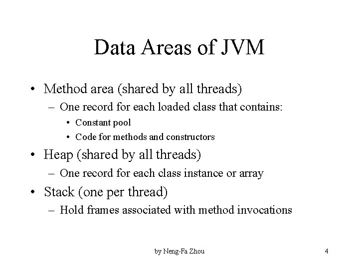 Data Areas of JVM • Method area (shared by all threads) – One record