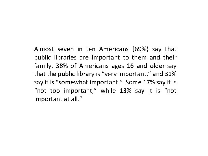 Almost seven in ten Americans (69%) say that public libraries are important to them