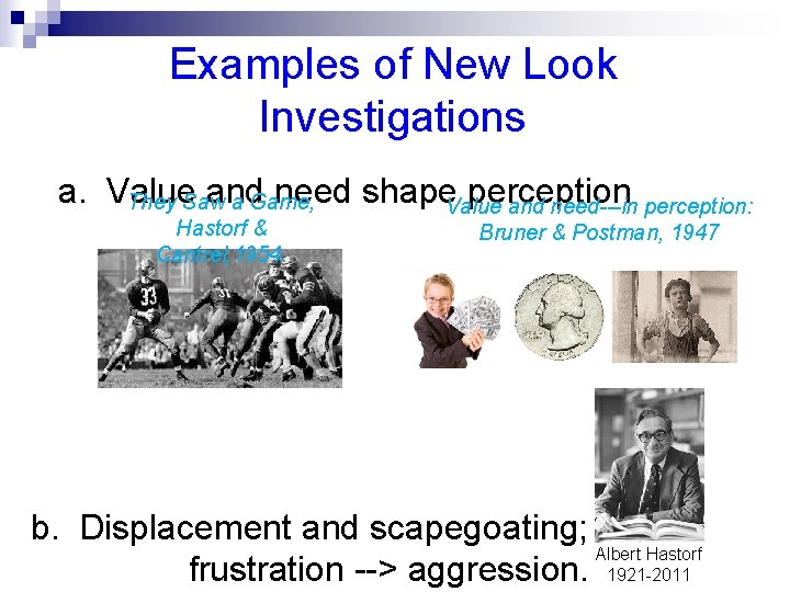 Examples of New Look Investigations a. Value and need shape. Value perception They Saw