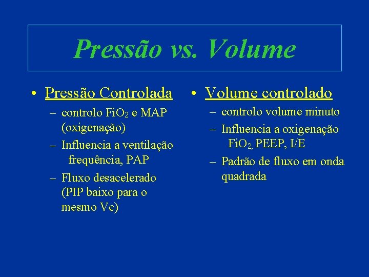 Pressão vs. Volume • Pressão Controlada – controlo Fi. O 2 e MAP (oxigenação)