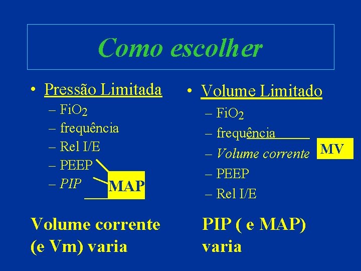 Como escolher • Pressão Limitada – Fi. O 2 – frequência – Rel I/E