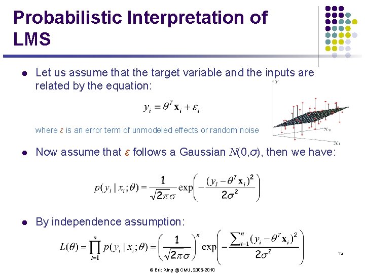 Probabilistic Interpretation of LMS l Let us assume that the target variable and the Probabilistic Interpretation of LMS l Let us assume that the target variable and the