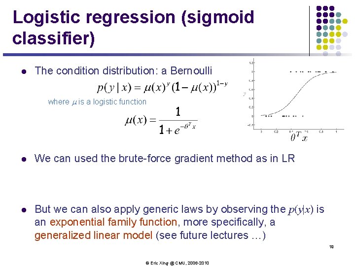 Logistic regression (sigmoid classifier) l The condition distribution: a Bernoulli where m is a Logistic regression (sigmoid classifier) l The condition distribution: a Bernoulli where m is a