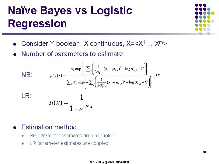 Naïve Bayes vs Logistic Regression l Consider Y boolean, X continuous, X=<X 1. . Naïve Bayes vs Logistic Regression l Consider Y boolean, X continuous, X=<X 1. .