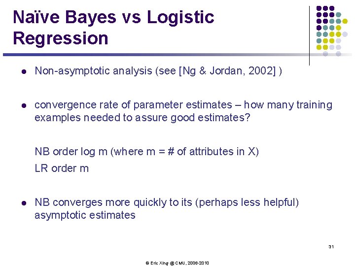 Naïve Bayes vs Logistic Regression l Non-asymptotic analysis (see [Ng & Jordan, 2002] )