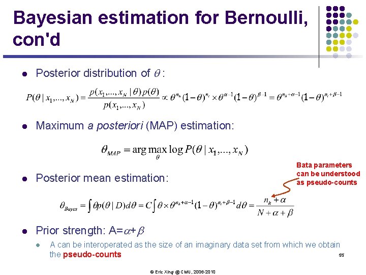 Bayesian estimation for Bernoulli, con'd l Posterior distribution of q : l Maximum a Bayesian estimation for Bernoulli, con'd l Posterior distribution of q : l Maximum a