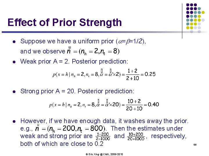 Effect of Prior Strength l Suppose we have a uniform prior (a=b=1/2), and we Effect of Prior Strength l Suppose we have a uniform prior (a=b=1/2), and we
