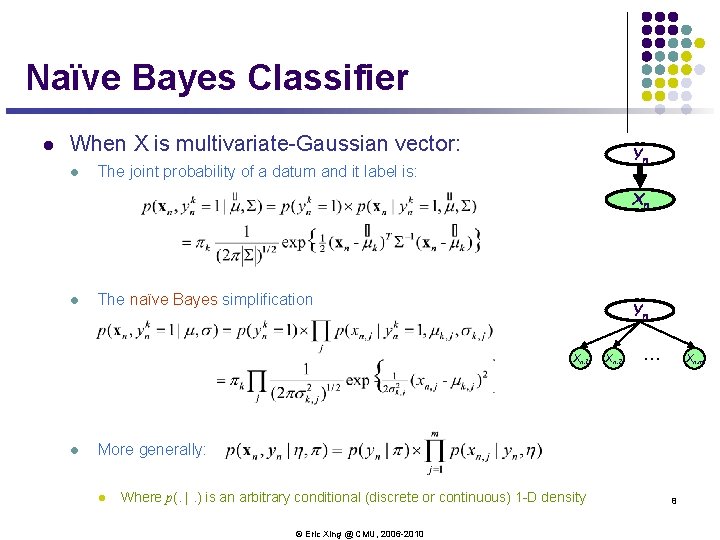 Naïve Bayes Classifier l When X is multivariate-Gaussian vector: l Yn The joint probability Naïve Bayes Classifier l When X is multivariate-Gaussian vector: l Yn The joint probability
