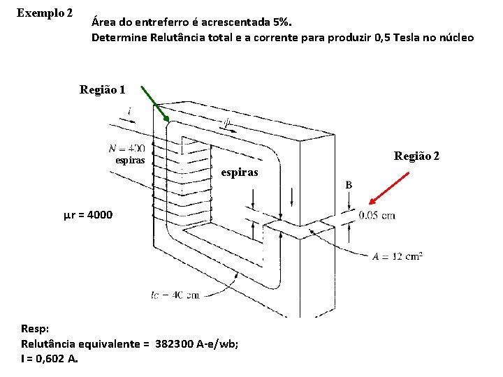 Exemplo 2 Área do entreferro é acrescentada 5%. Determine Relutância total e a corrente
